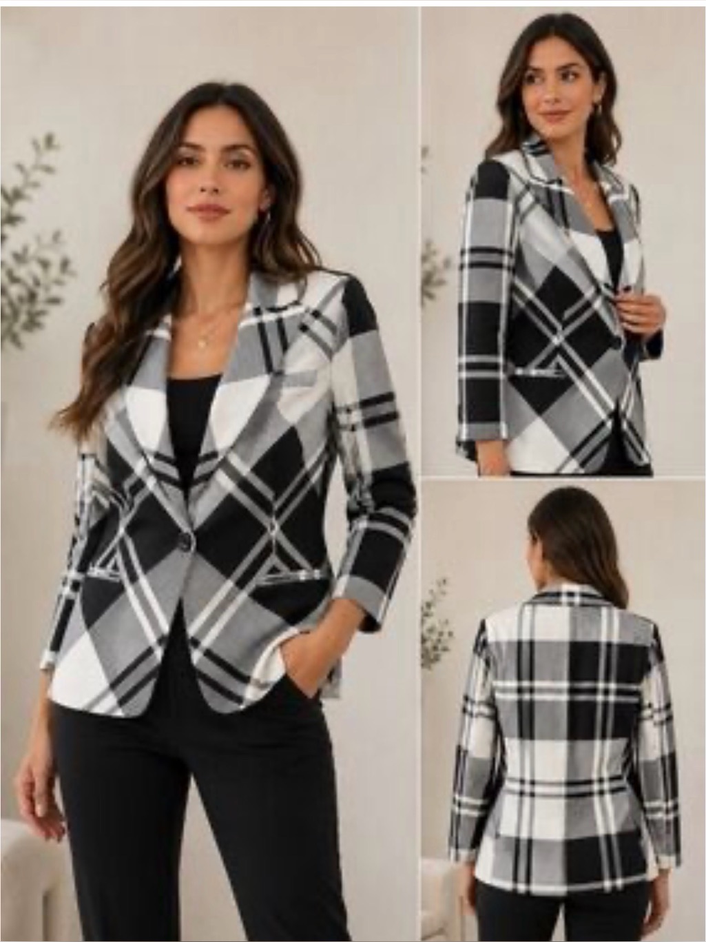 Sandro Sportswear Women's Black Gray White Plaid Blazer Jacket Size Xl